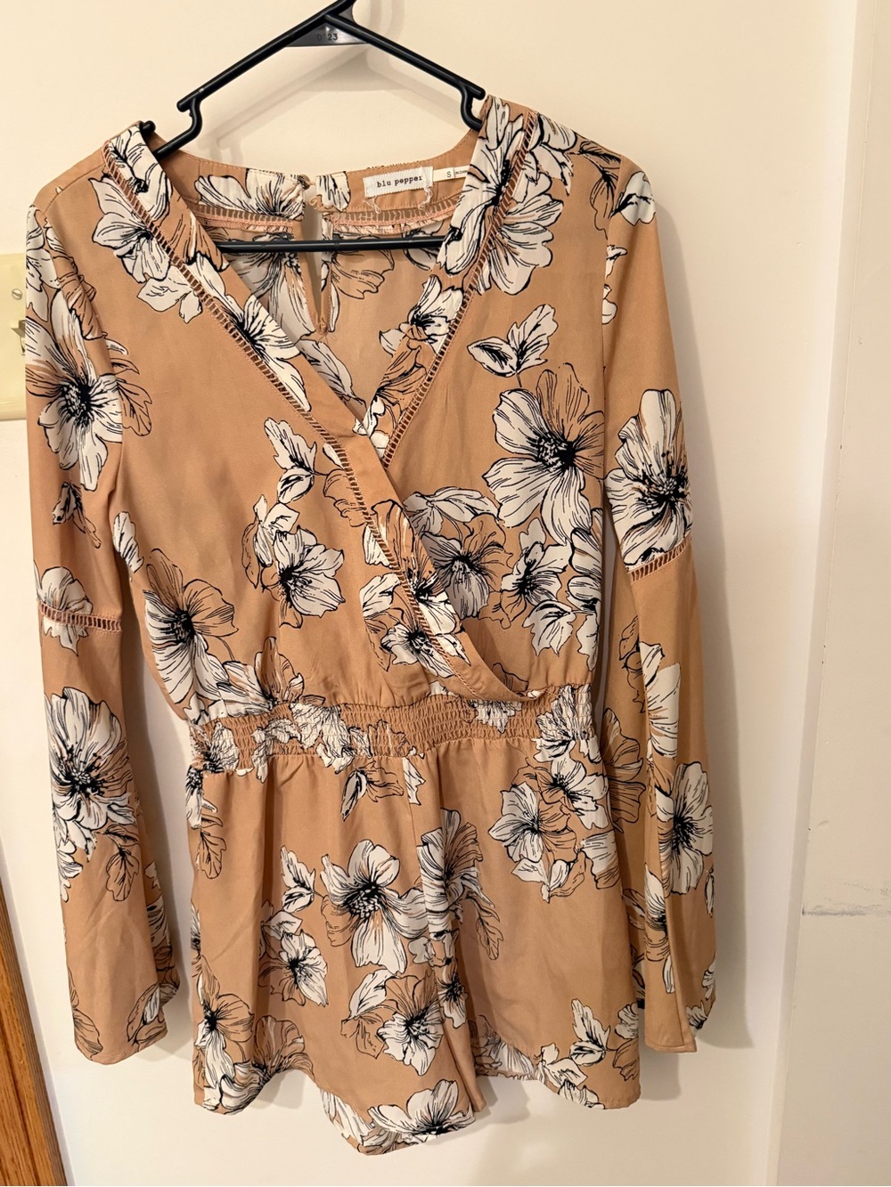 Blu Pepper Tan Floral Long-Sleeve Wrap Dress Romper